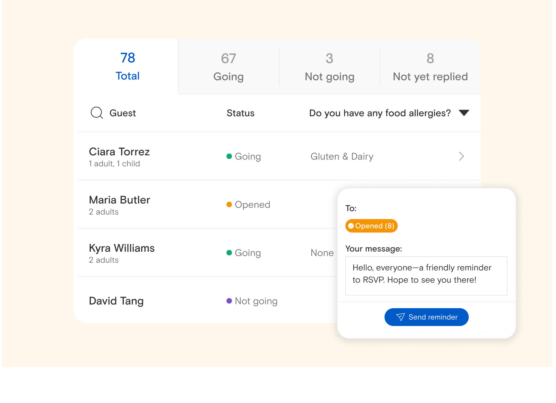 A Paperless Post guest list showing the total list of guests, a column showing whether they are going, not going, or have opened the invitation, a column showing any food allergies they’ve provided, along with a message being sent reminding guests to RSVP who haven’t yet opened the invitation. 