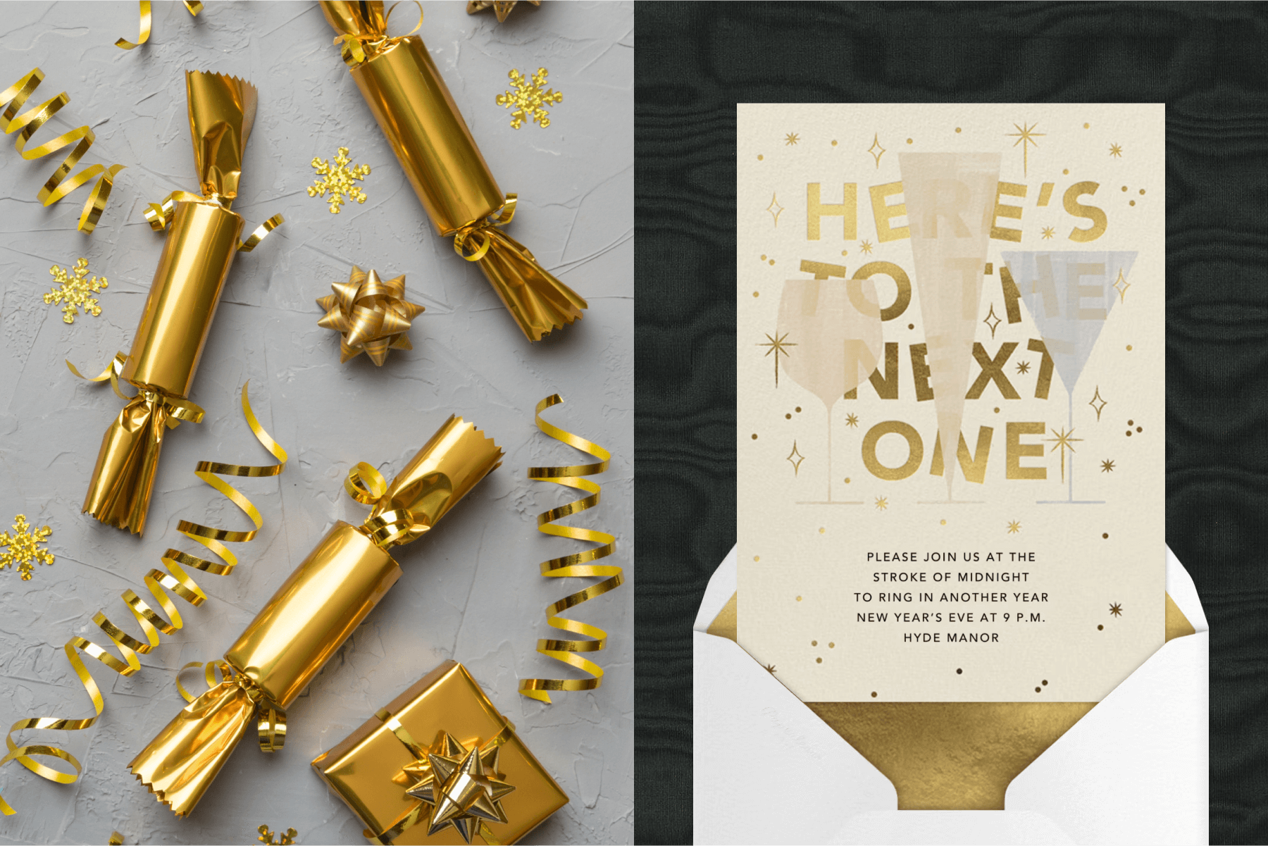 Gold party crackers, gold bows, and a gold wrapped present; A New Year’s Eve invitation with gold text and various drink glasses. 