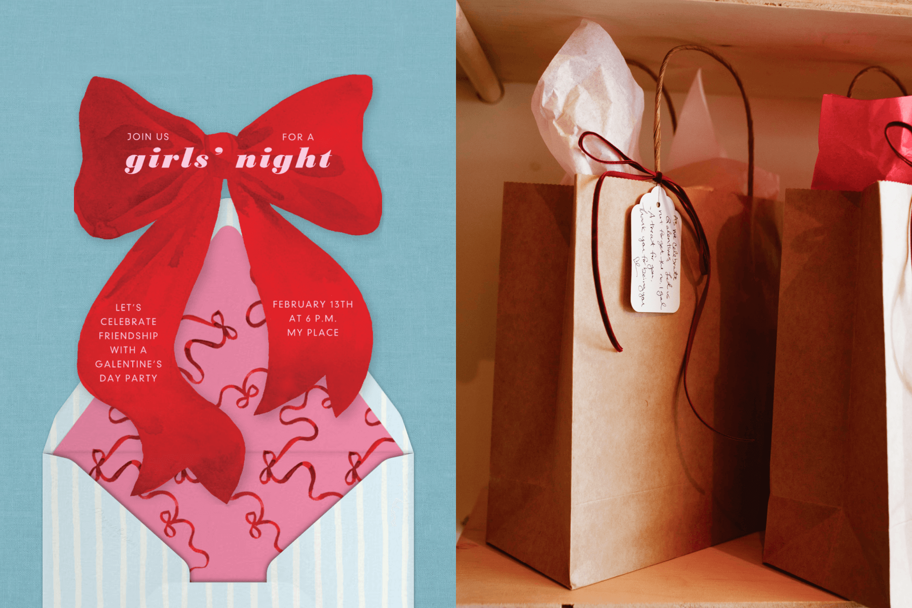 A bow-shaped invitation for a girls’ night with a matching envelope; Brown paper gift bags tied with red ribbon. 