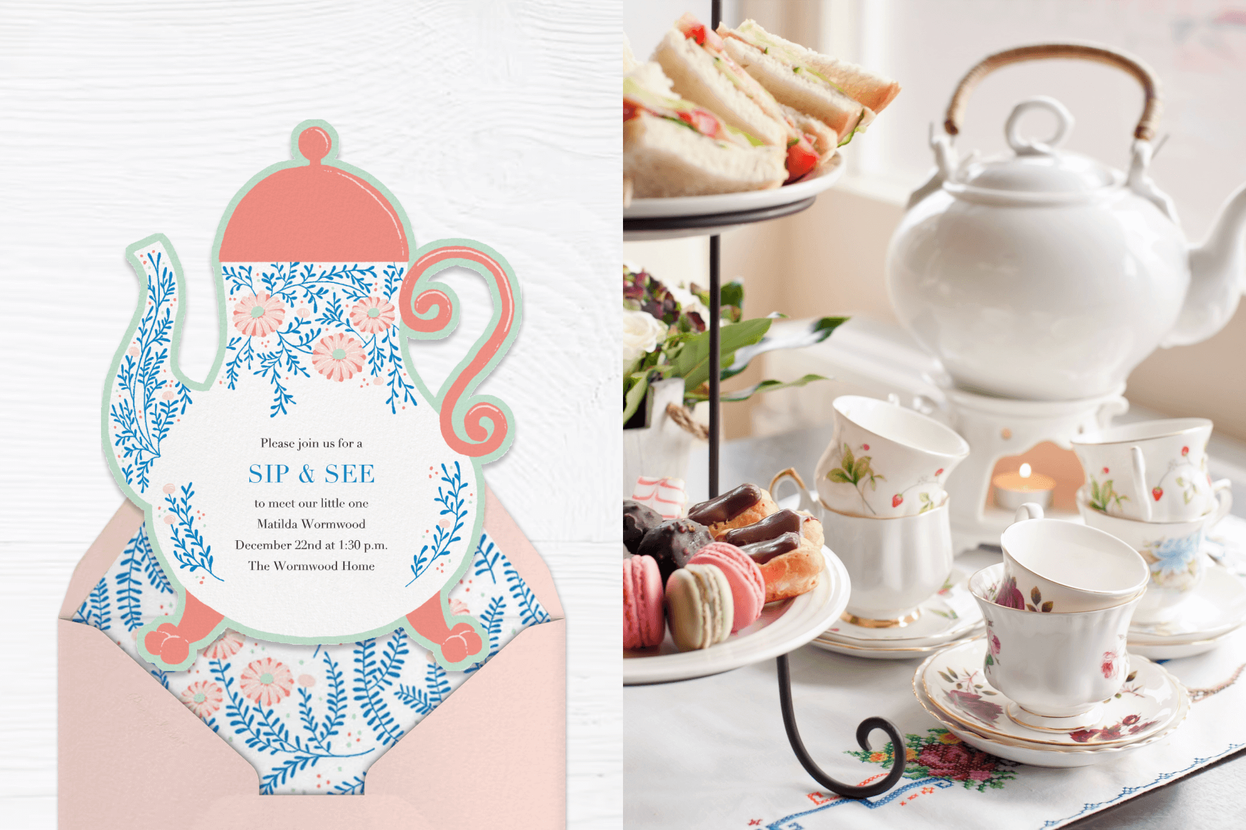 A sip and see invitation in the shape of a teapot with a floral design; A table set with teacups, a teapot, and a tiered tea stand holding desserts and finger sandwiches. 