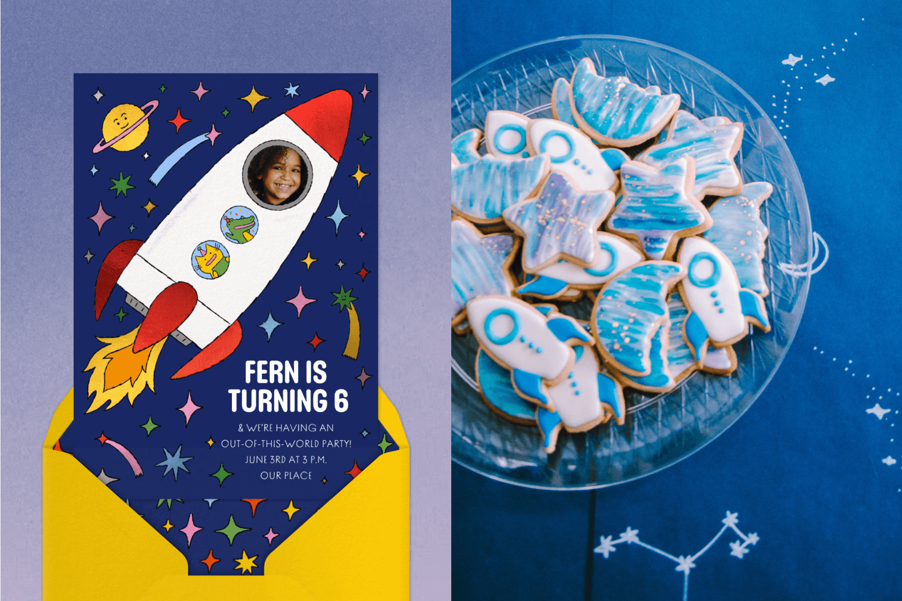 A dark blue birthday invitation with a red and white rocket ship showing a photo of the birthday kid in one of the windows; A plate of blue and white cookies shaped like spaceships, stars, and moons.