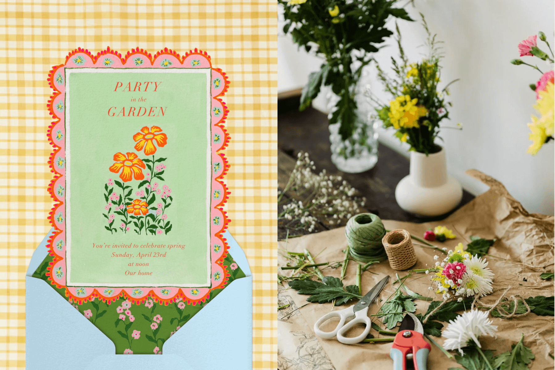 A light green invitation for a garden party with orange and pink flowers and a pink scalloped border; A table covered in flowers, scissors, twine, and vases.