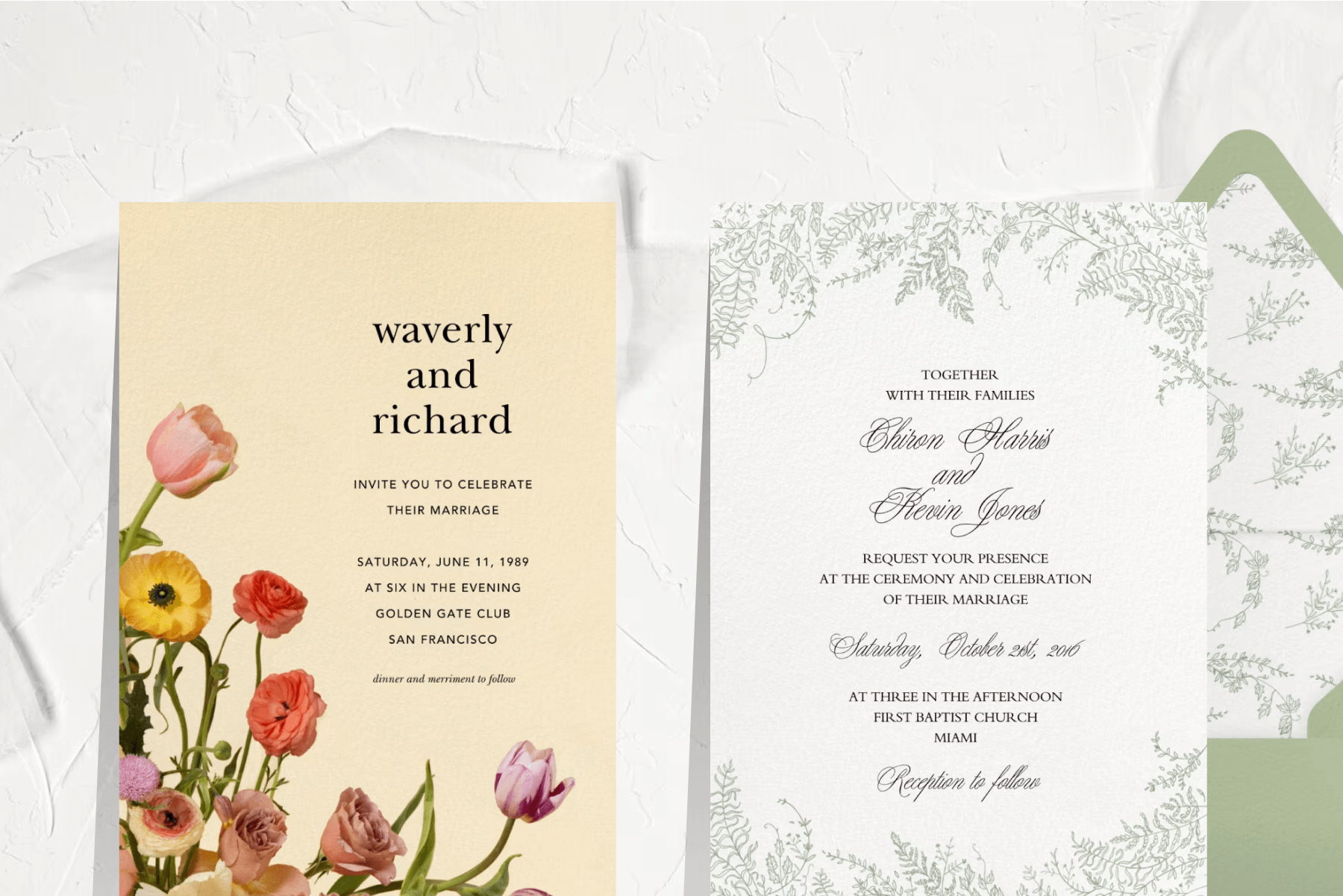 A beige wedding invitation with colorful flowers in the bottom left corner; A white wedding invitation with elegant cursive script and a floral border design.