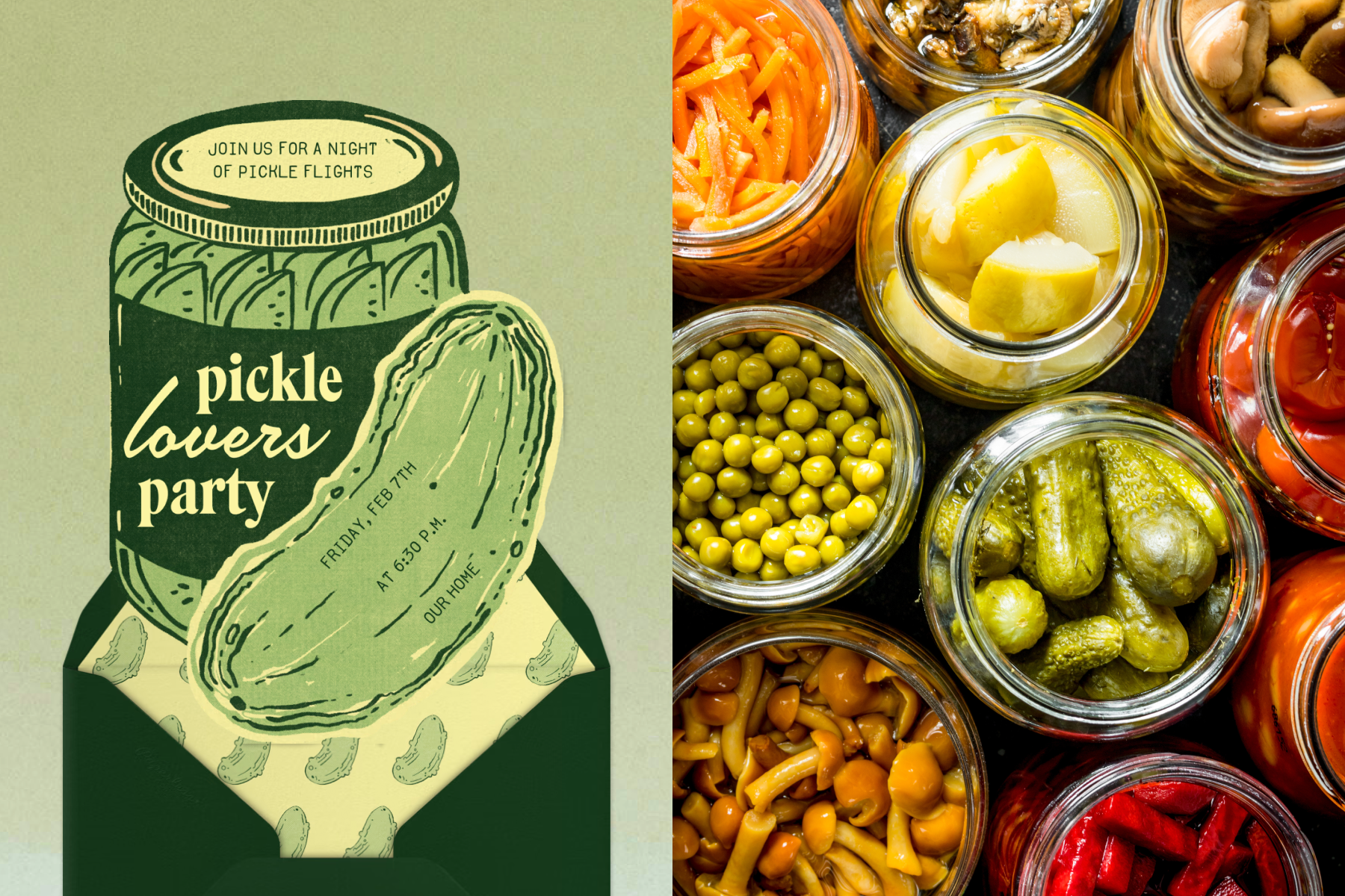 A green invitation for a pickle lovers party shaped like a pickle and a pickle jar; Jars of various pickled items including carrots, mushrooms, and pickles.