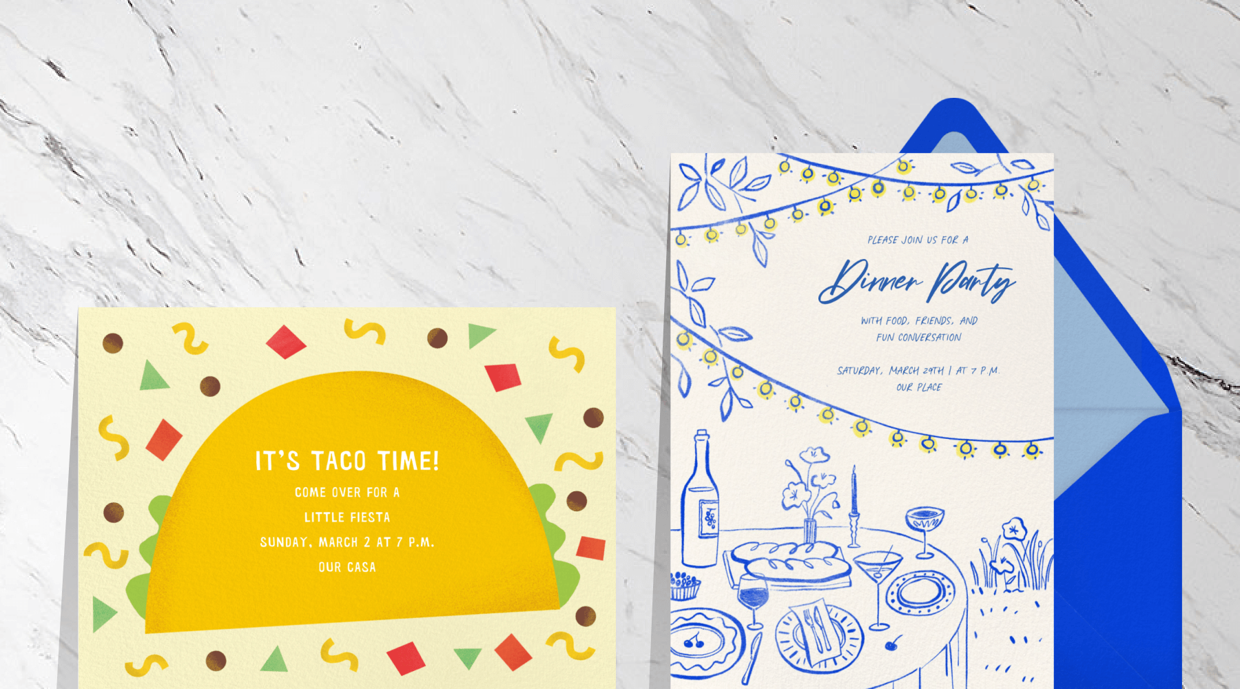 An invitation with a yellow taco surrounded by taco filling confetti; an invitation with a blue illustration of an outdoor table set for a dinner party with yellow string lights overhead and a blue envelope.
