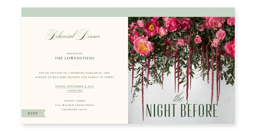 An online rehearsal dinner invite shows a floating floral arrangement with pink flowers and trailing vines.