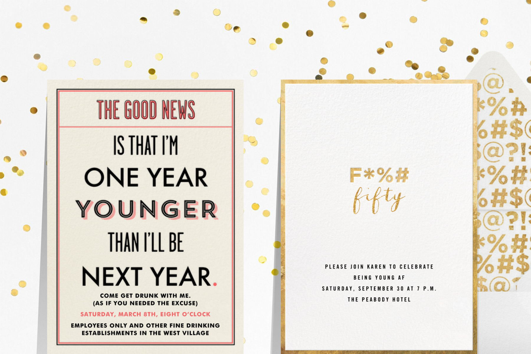 Two 50th birthday invitations with humorous messages over a background of gold confetti.