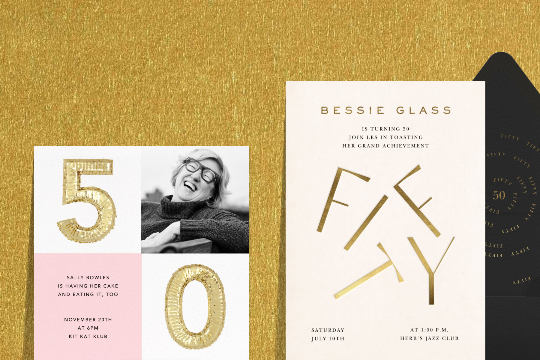 Two 50th birthday invitations over a gold background. 