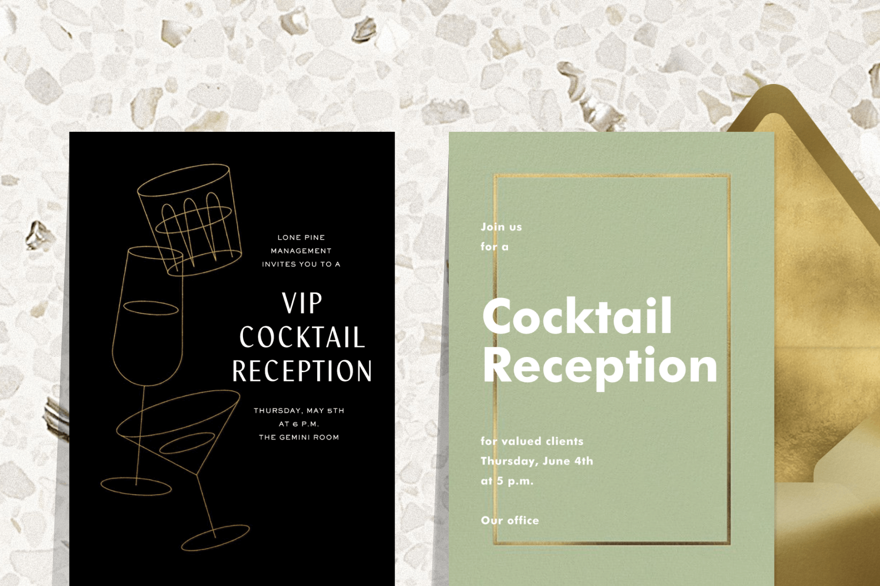 Two cocktail reception invitations over a patterned background.