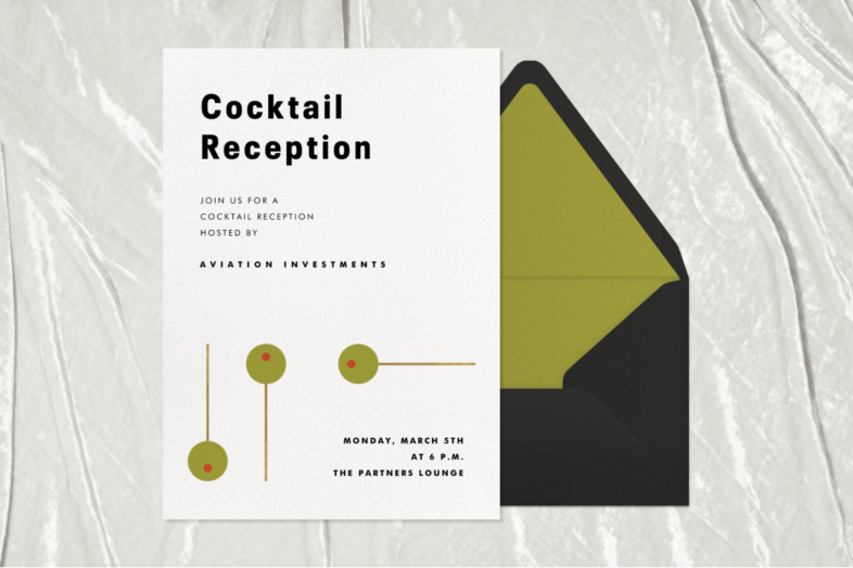 An invitation for a cocktail reception with a simple illustration of 3 olives on picks