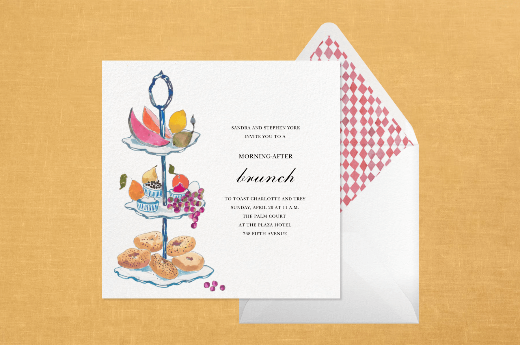 A brunch invitation featuring a three-tiered platter of fruit and bagels.