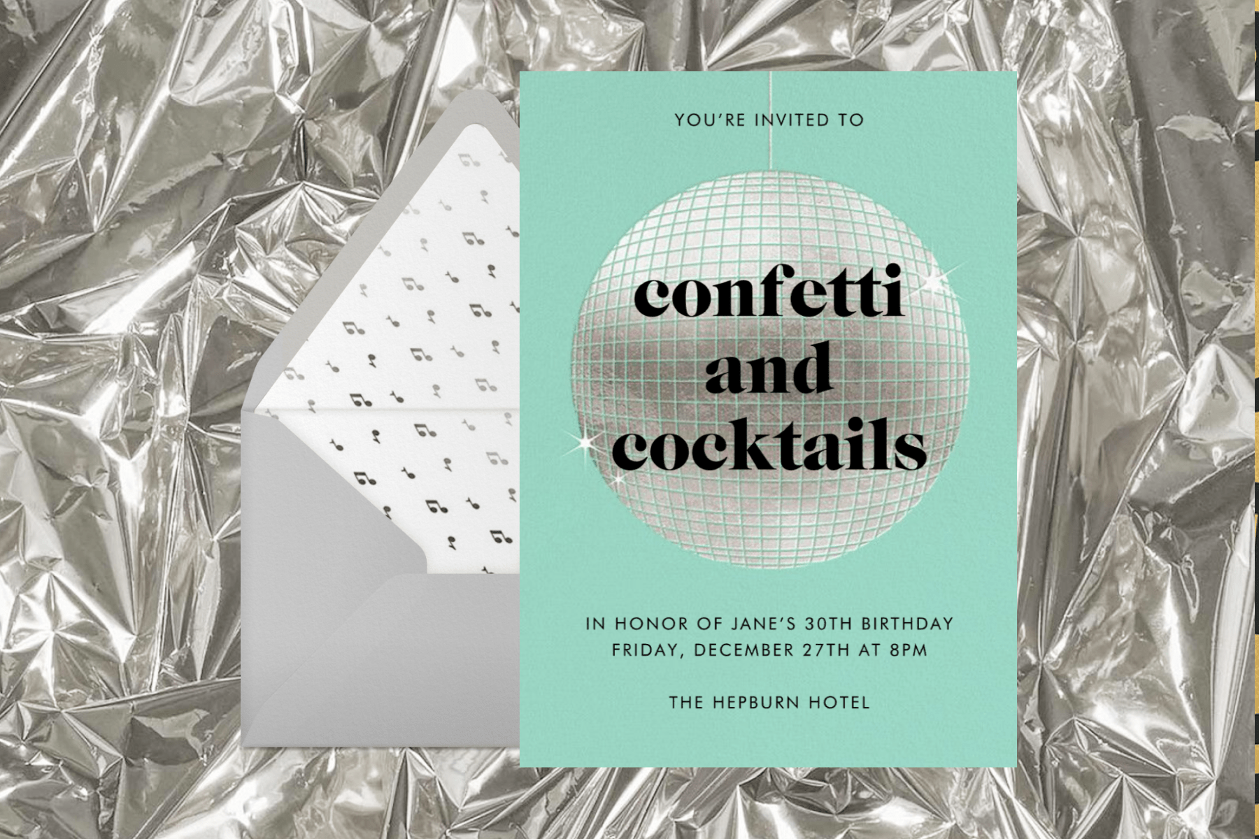A 30th birthday invitation with a disco ball reading ‘CONFETTI AND COCKTAILS’ over a textured silver background.
