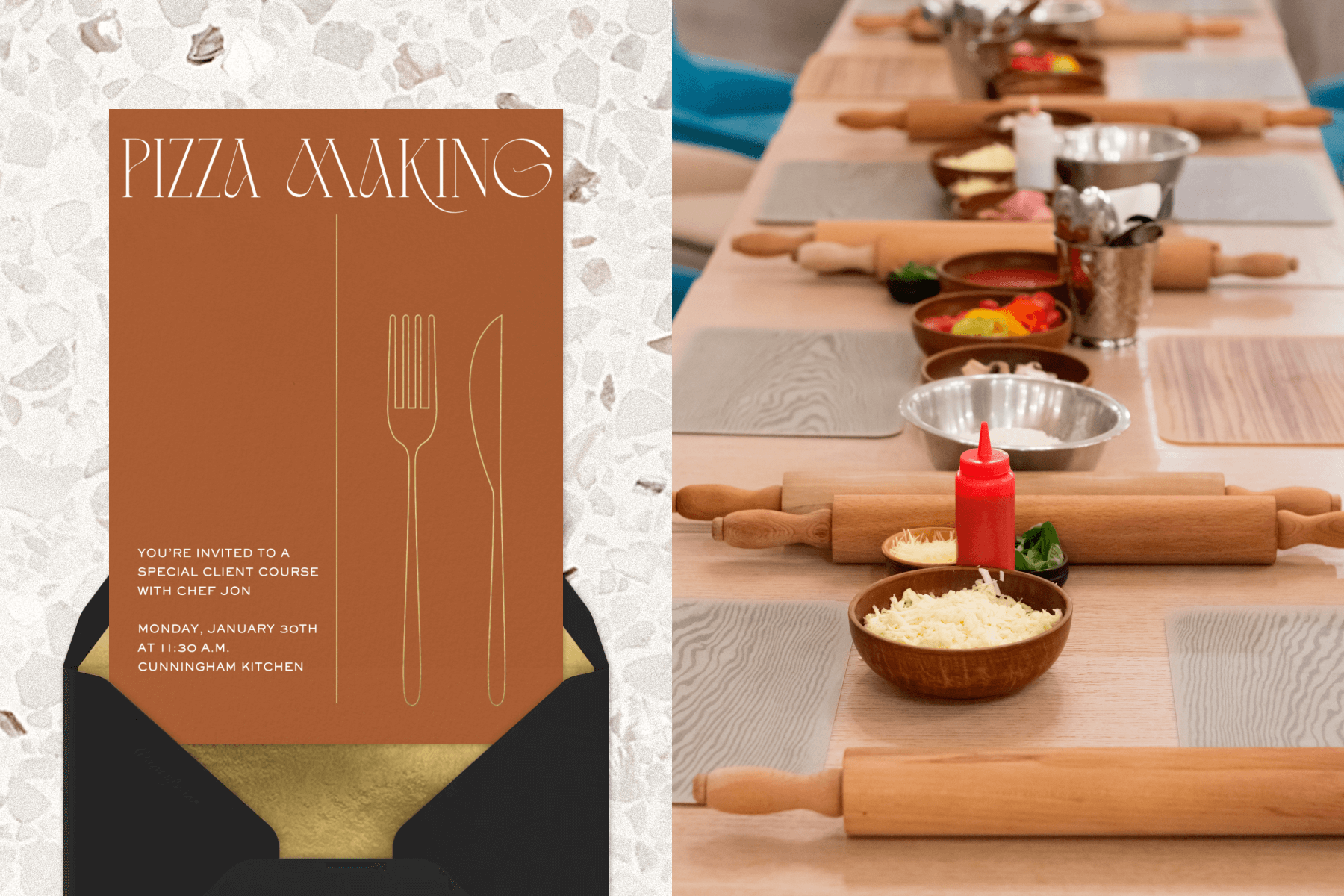 A brown invitation for a pizza-making class with gold line drawings of a fork and knife; A table with rolling pins, placemats, and bowls of pizza ingredients. 