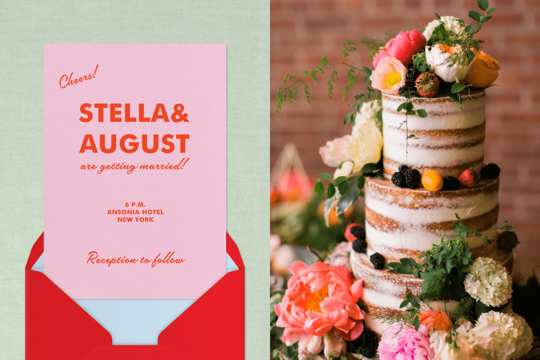 A pink wedding invitation with bold orange text; A wedding cake covered in berries and flowers. 