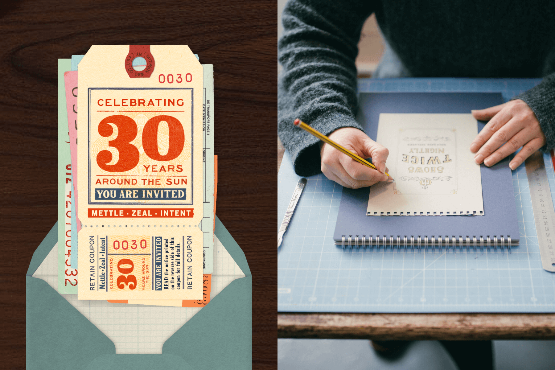 Left; A vintage travel tag invitation with blue and red graphic text on top of a stack of colorful paper tags, sitting in front of a muted teal envelope. Right; A picture of Annie drawing one of her vintage sign style props on her workspace.