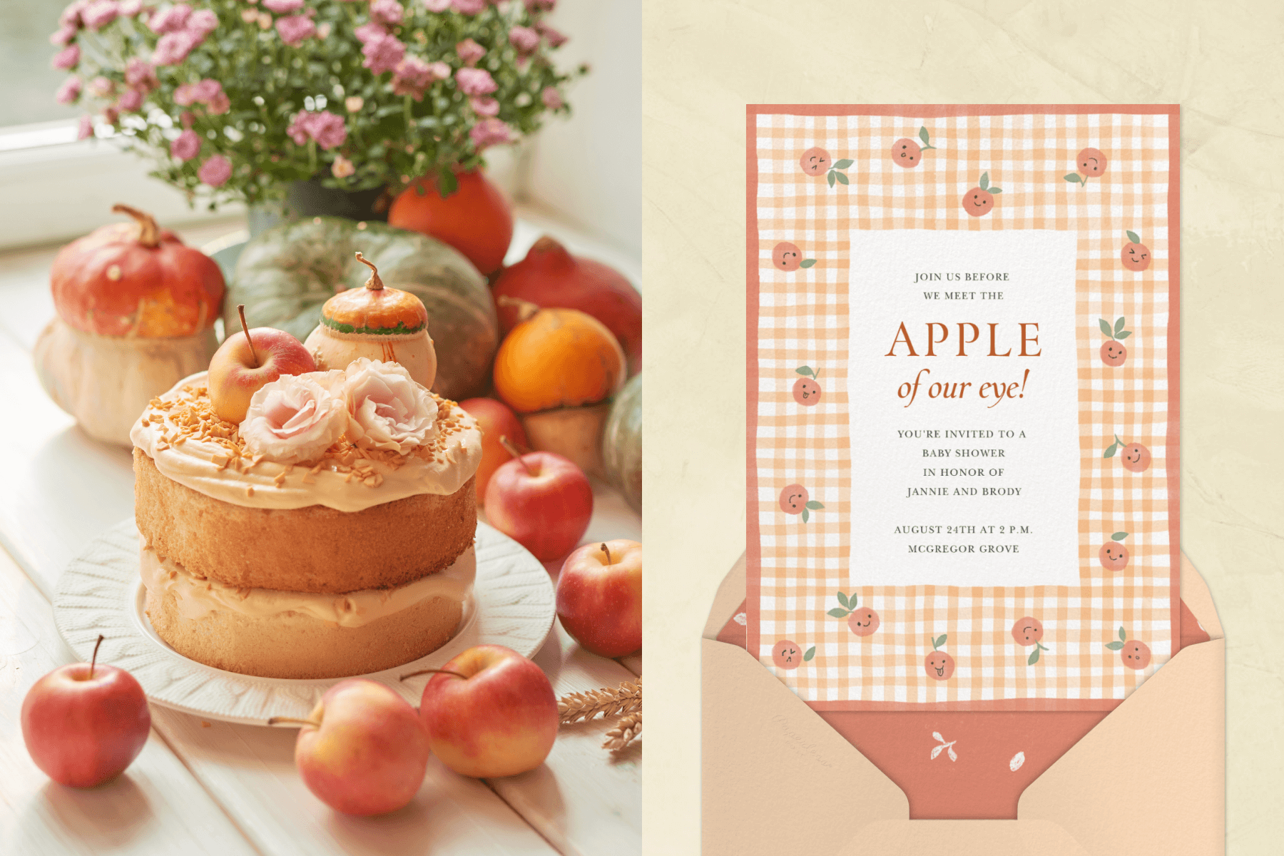 A cake topped with and surrounded by apples and flowers; A baby shower invitation decorated with smiling apples. 