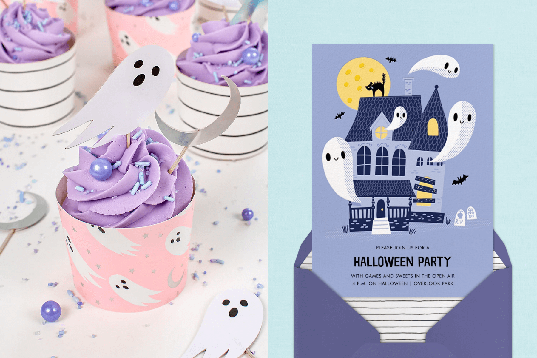 A cupcake in a pink ghost cup with a ghost on a toothpick; A Halloween invitation with a haunted house. 