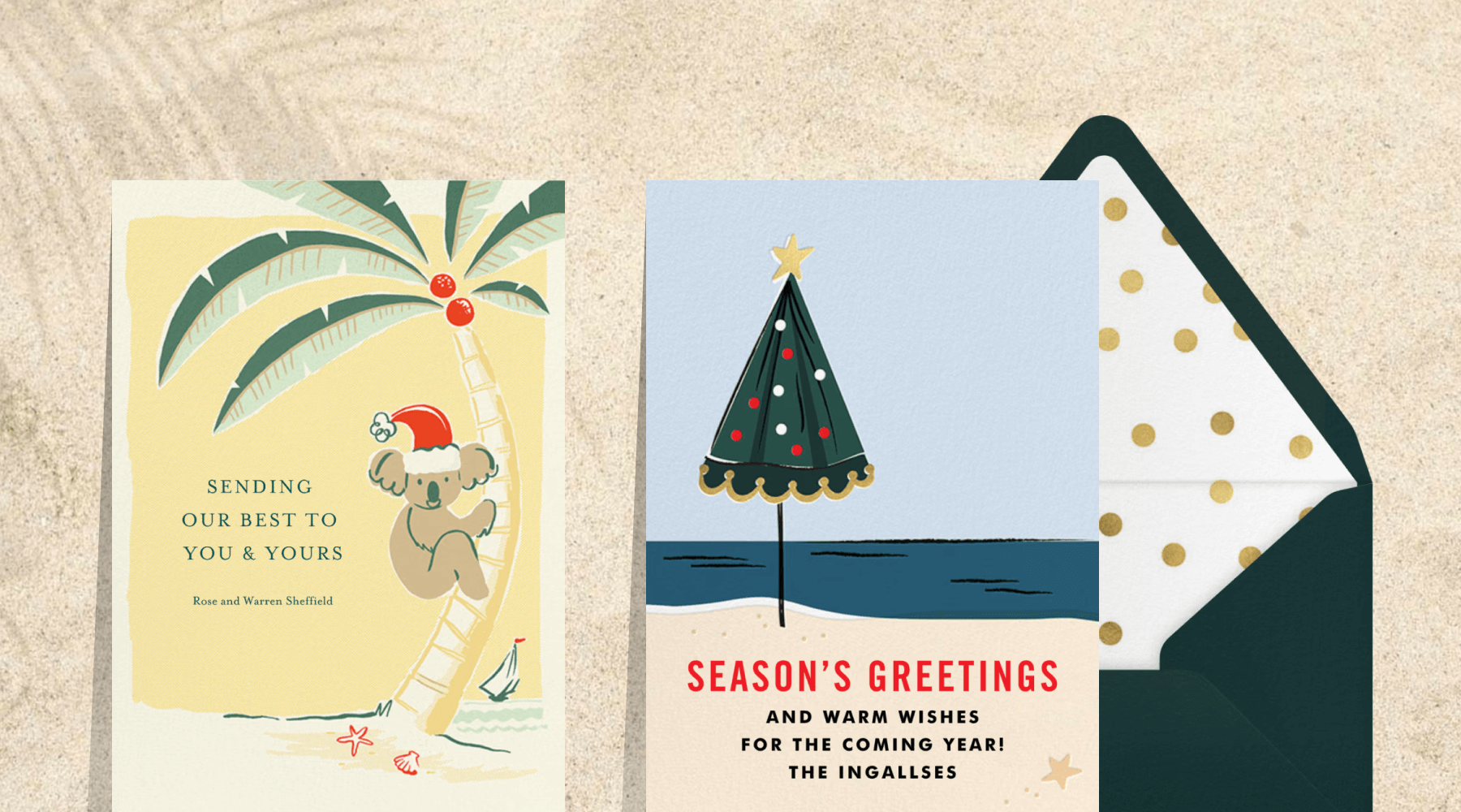 Card with Koala in a Santa hat climbing a palm tree next to a card with a dark green beach umbrella with a star on top.