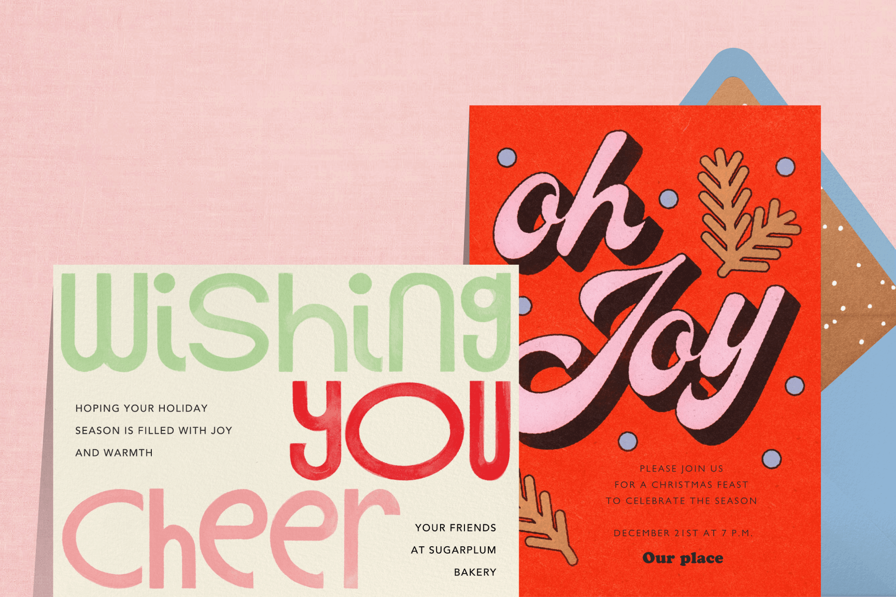 An invitation with colorfully drawn text reading ‘WISHING YOU CHEER’ and an invitation with bold cursive text reading ‘OH JOY’ with a red background.