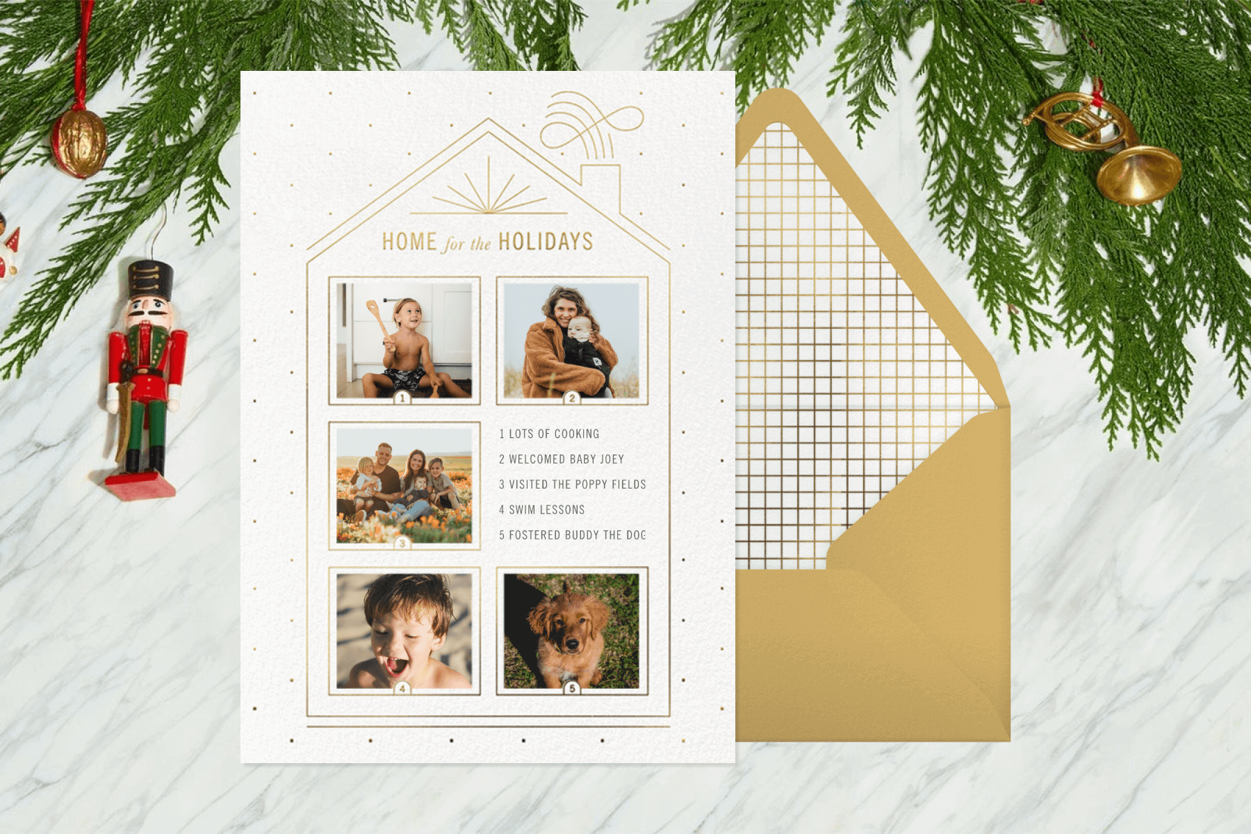 A holiday card featuring five family photos inside a drawing of a house. 