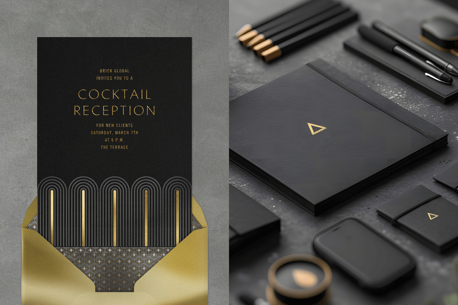 A black cocktail reception invitation with a gold envelope; A table of black and gold branded items such as pens and notebooks.