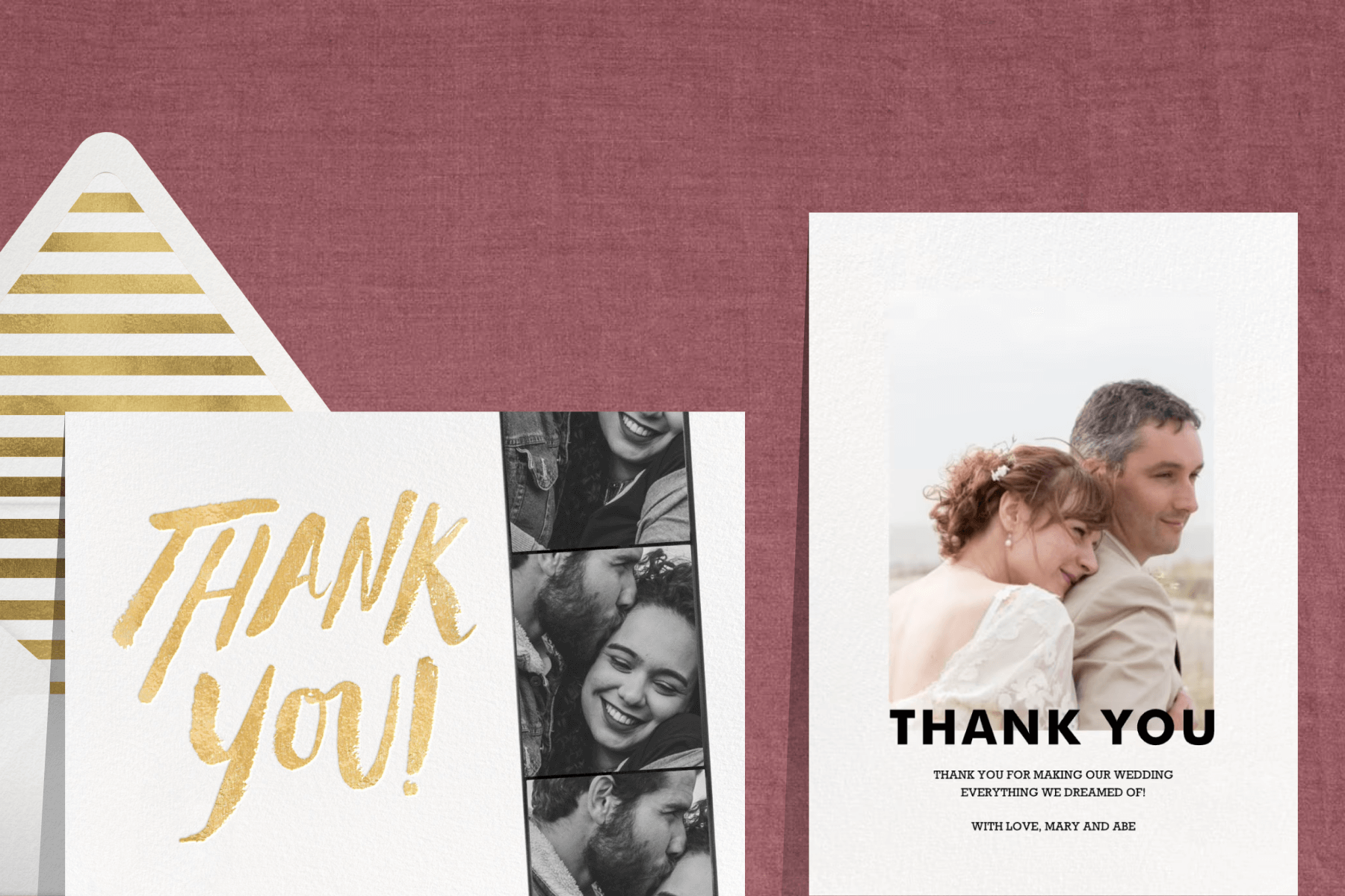 A thank you card featuring a black and white photo strip of the couple and gold text; A thank you card featuring a photo of the couple and black text. 