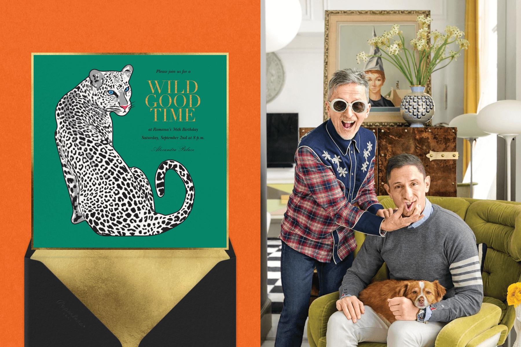 A green invitation with a black and white leopard reading ‘WILD GOOD TIME’ on an orange background; Jonathan Adler with his husband and dog, posing with silly faces. 