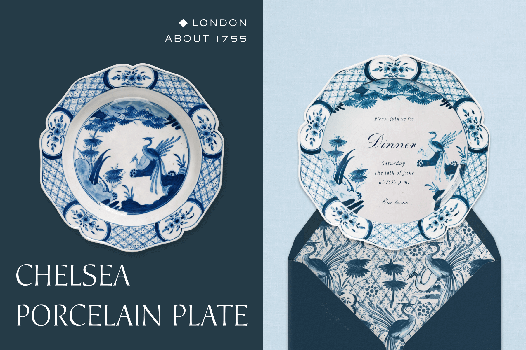 A decorative blue and white porcelain plate; an invitation and envelope inspired by the aforementioned plate. 