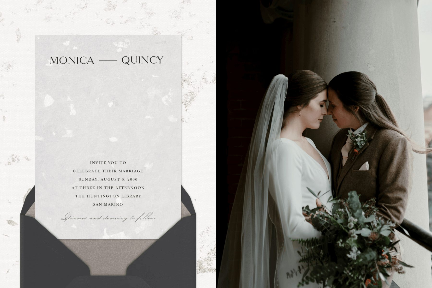 A white wedding invitation with small black text and negative space; A couple embracing on their wedding day.