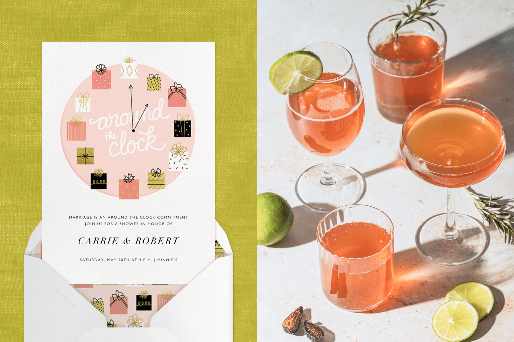 An “Around the clock” wedding shower invitation; A table of cocktails and lime wedges.