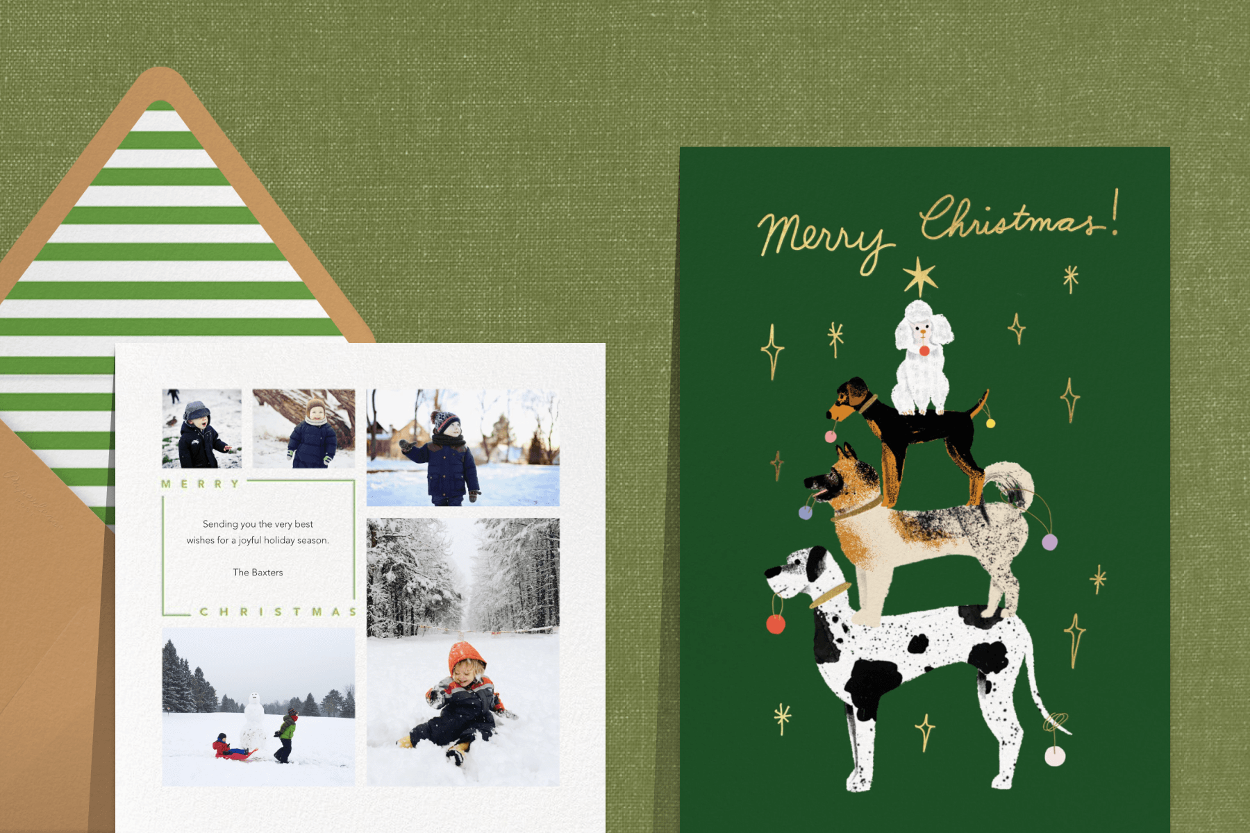 A Christmas card featuring multiple photos of a child playing in the snow; A Christmas card featuring illustrations of various dogs stacked on top of each other. 