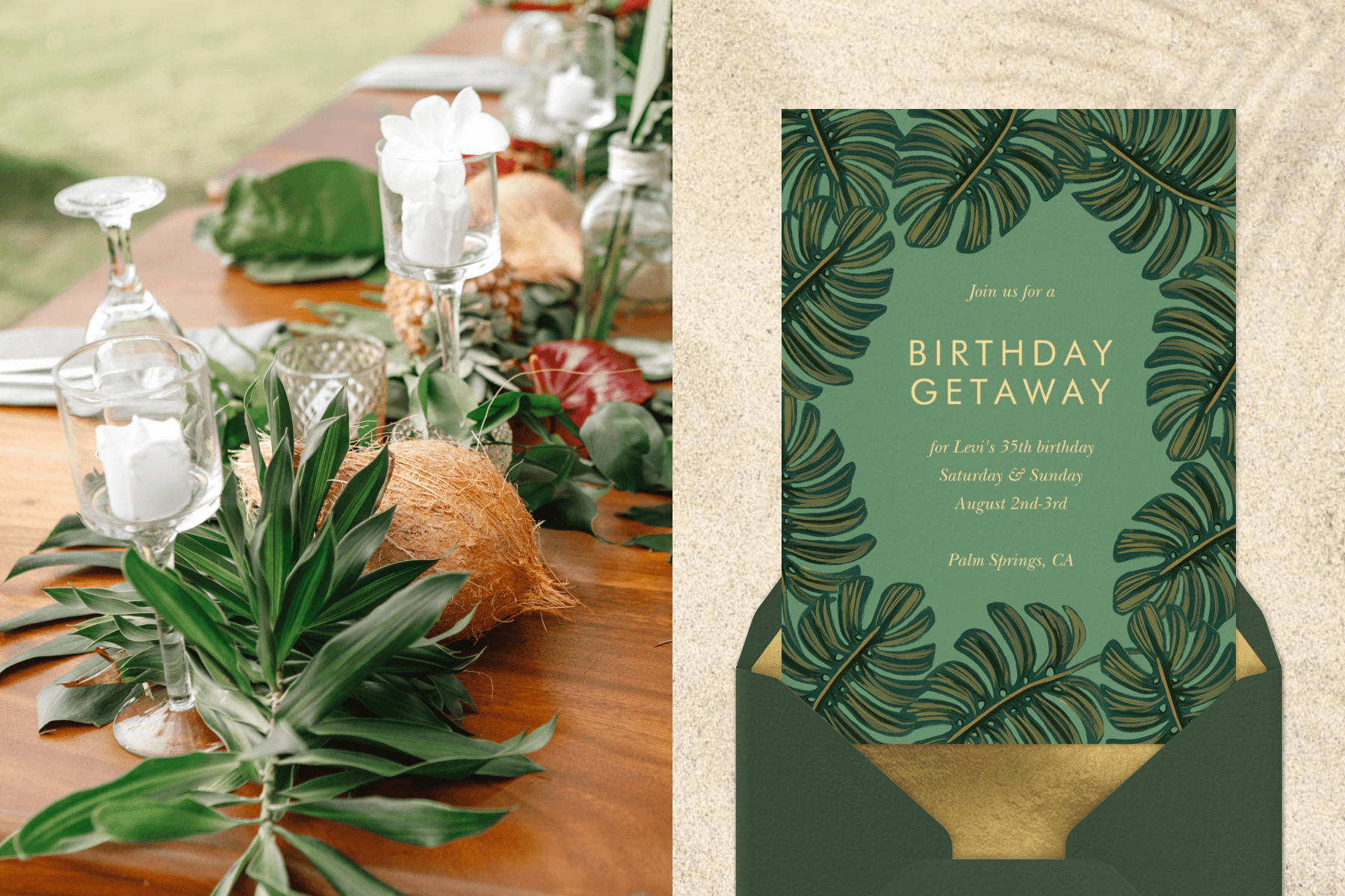 A wooden table with glasses and place settings, featuring a tropical leaf and coconut centerpiece. Right: A green birthday invitation has a border of monstera leaves.