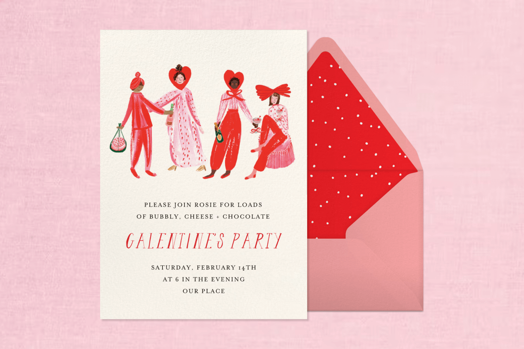 A Galentine’s Day invitation with illustrations of women wearing red and pink. 