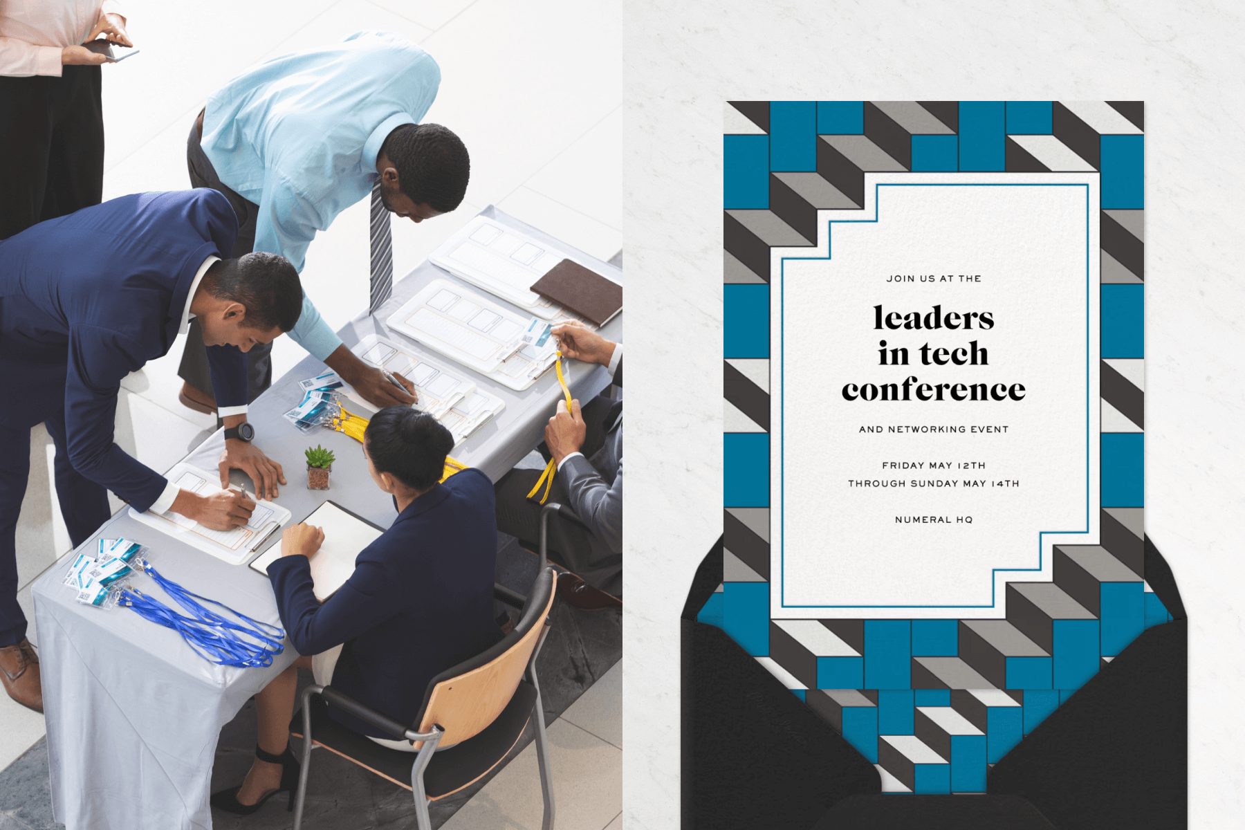 Two men in business attire are signing in for an event at a table; An invitation for a conference with a blue and gray 3D-style border.