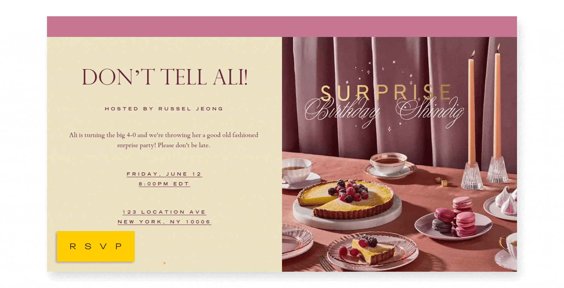 An online invite reads DON’T TELL ALI! with an animated image of desserts and candles on a pink-themed table.