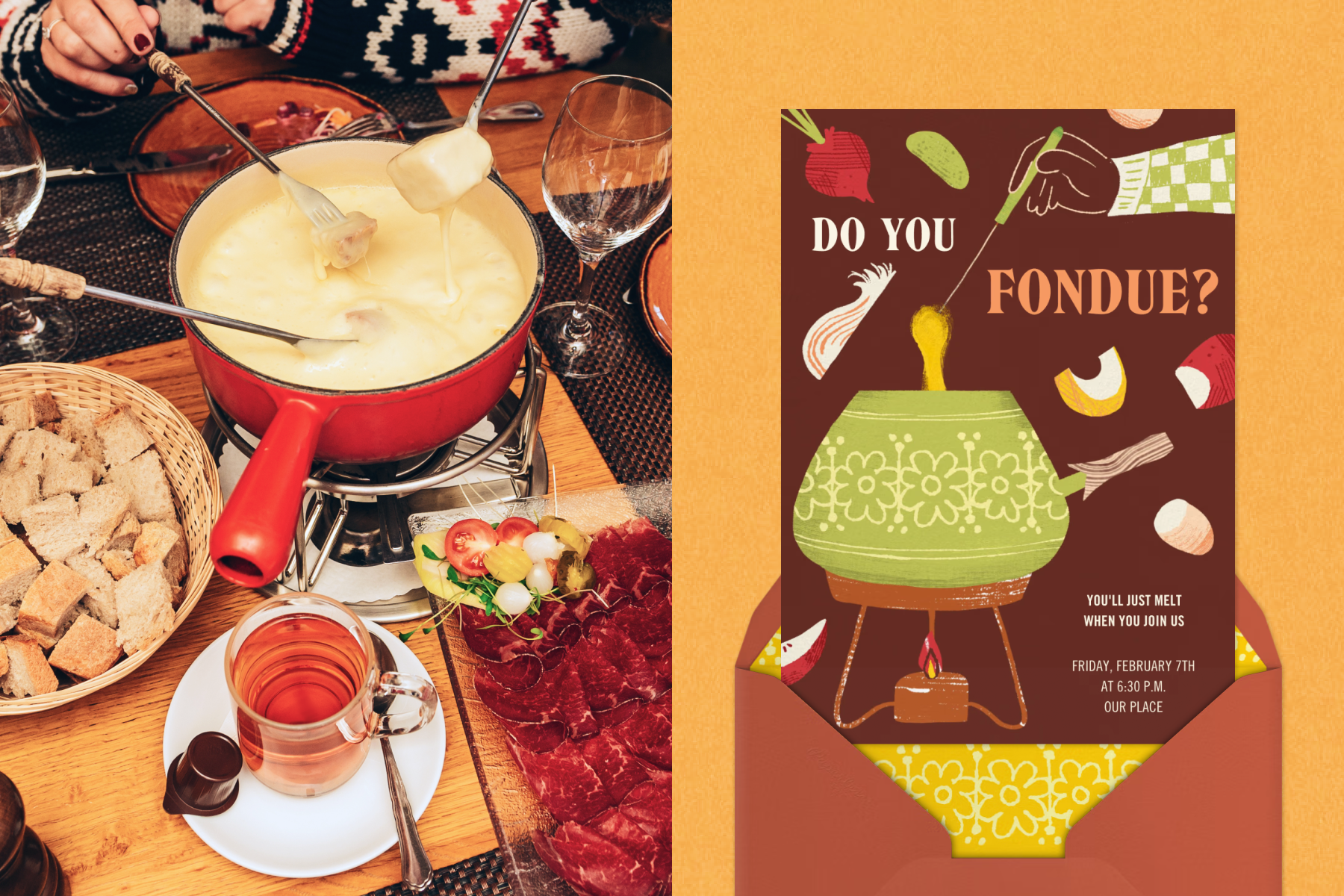 Hands dipping fondue forks into a pot of fondue and a bowl with chunks of bread; A brown invitation for a fondue night with colorful illustrations of a fondue pot and food items.