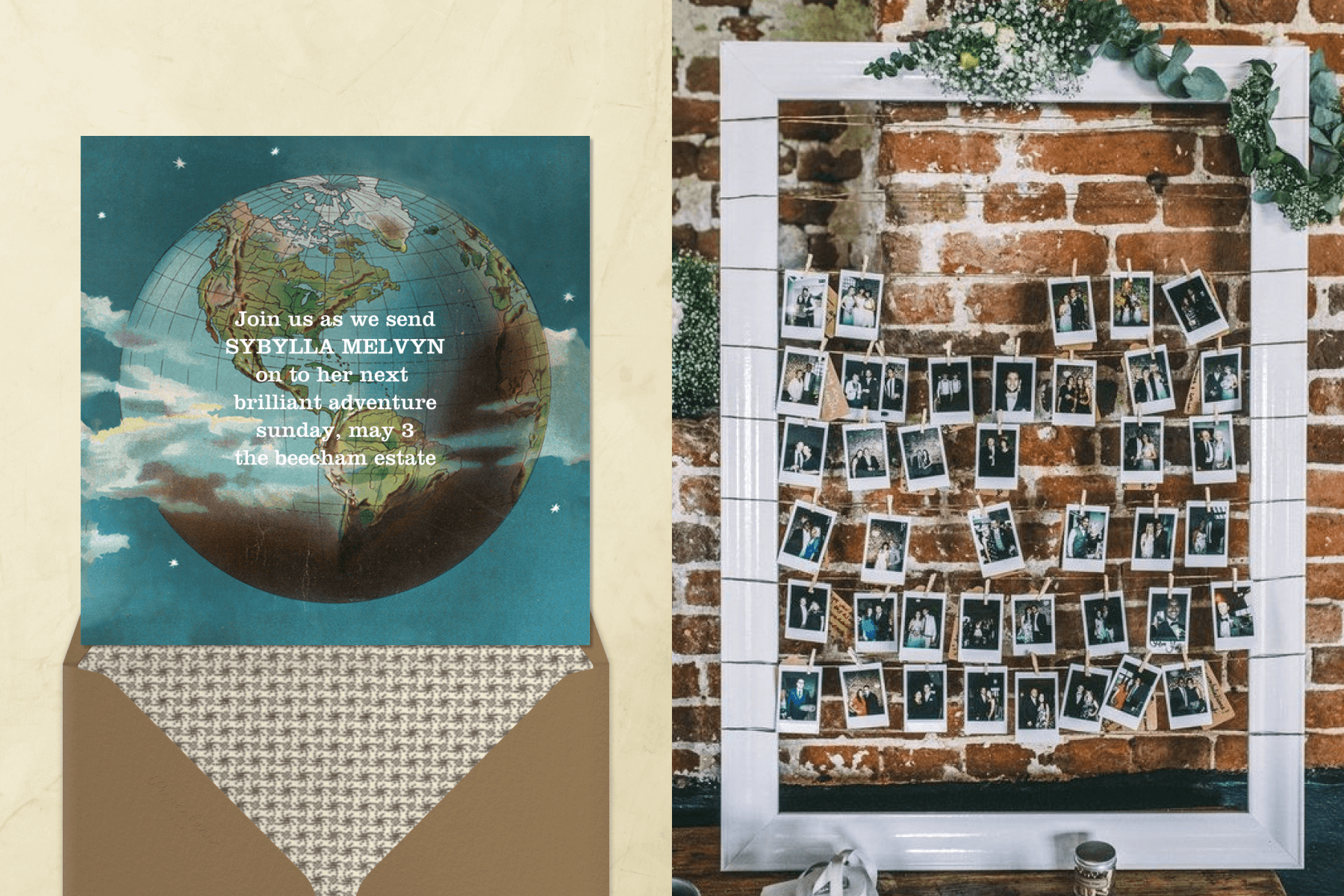Left: A going away party invitation with a globe of Earth surrounded by light clouds in a blue sky. Right: In a large frame, rows of Instax photos are strung across a brick wall.