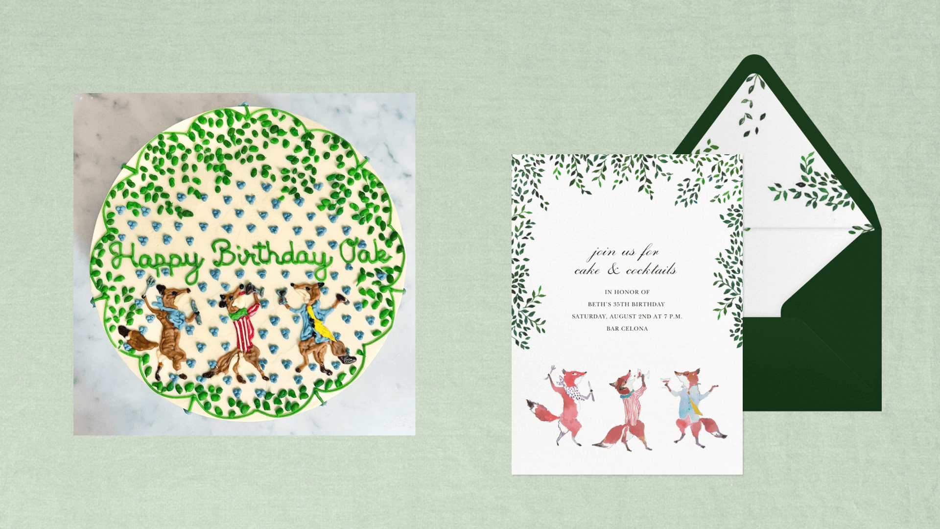 Card with dancing party foxes next to a cake matching the design on a green background