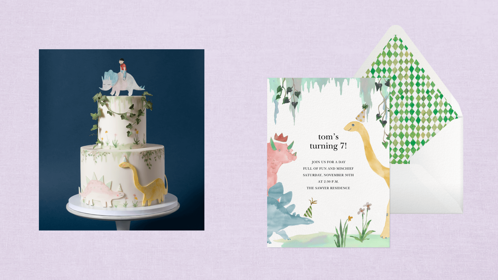 Two tier cream colored cake decorated with 3D illustrative Dinosaurs and leaves next to a card that matches that design on top of a lilac background