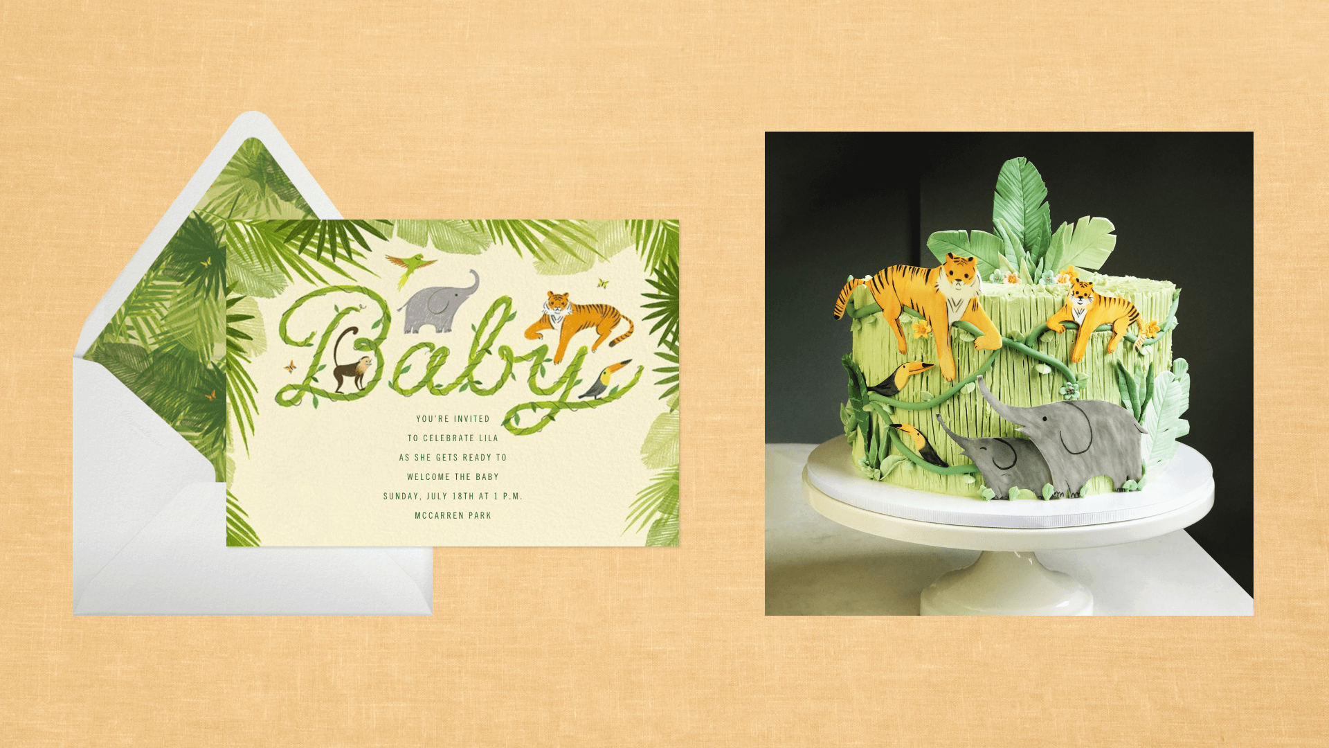 Card with palms bordering a vine that reads "baby" and has jungle animals like an elephant, monkey and tiger playing in it next to a cake that matches that design in 3D on top of a peach background