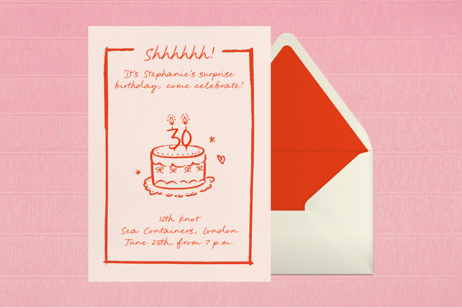 A surprise 30th birthday invitation with red lettering and a drawing of a cake over a pink background.