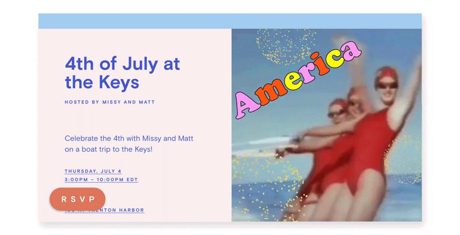 An online invite with an animation of three women in red swimsuits waving while waterskiing and the word AMERICA in pink, orange, and yellow with animated fireworks.