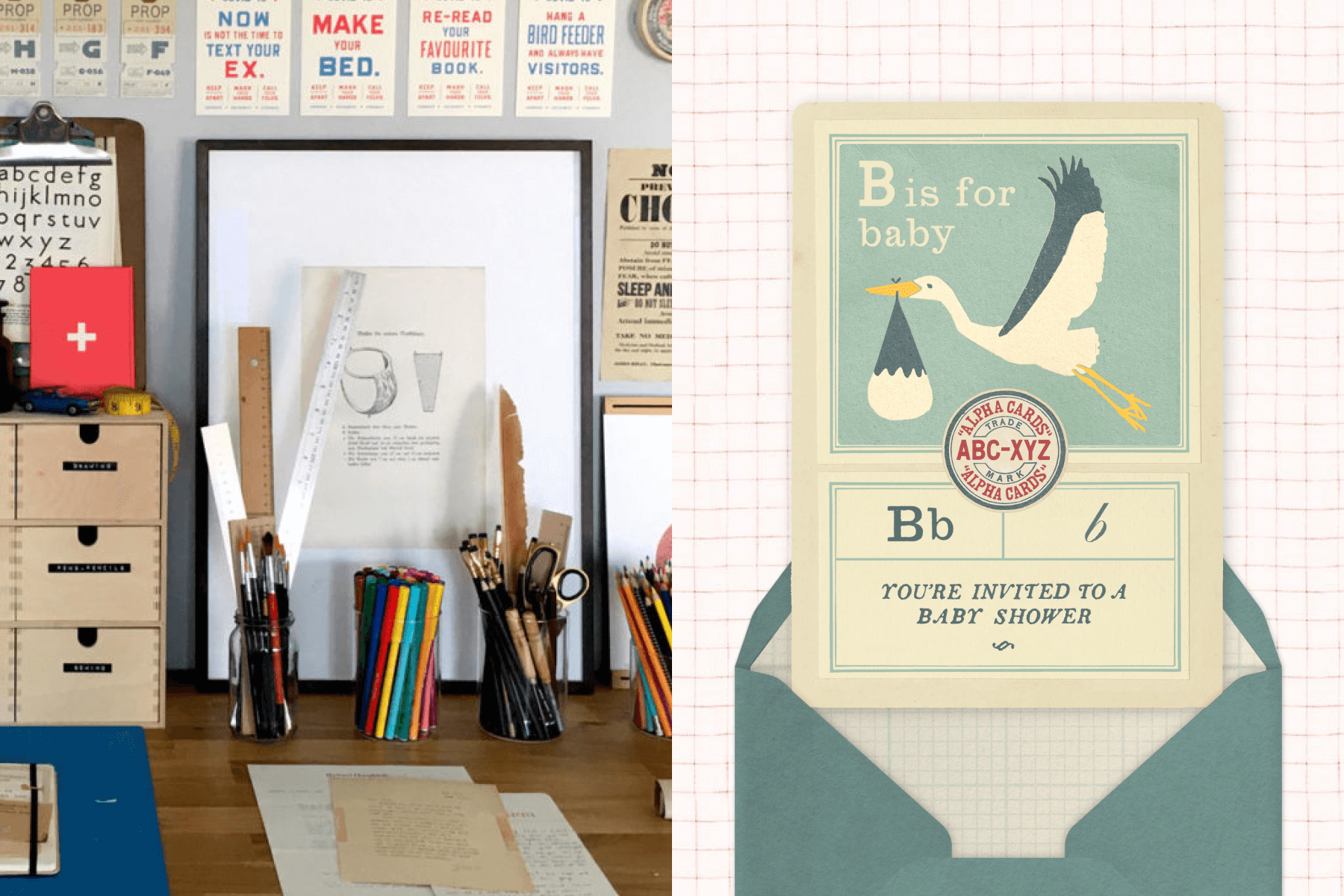 Left; A picture of Annie’s work Room with old pieces of paper and various glass jars holding her paintbrushes, colorful pens and pencils. Right; A cream and muted sea blue invitation with an illustration of a stork carrying a baby, in front of a gridded light red background.