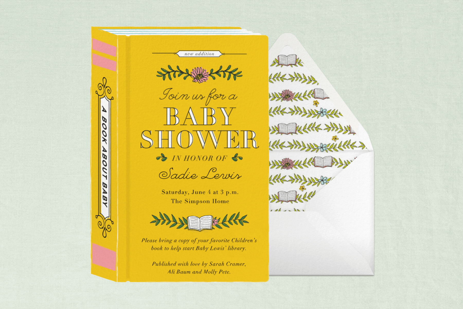 A baby shower invitation in the shape of a book.