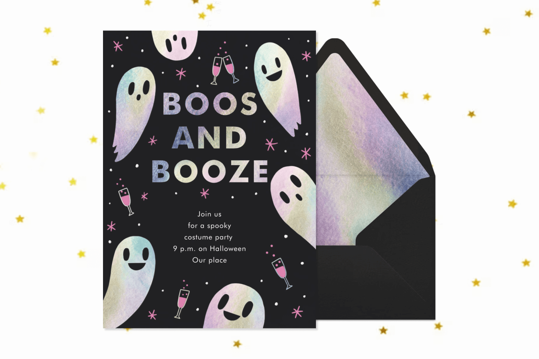 A Halloween invitation with ghosts reads ‘BOOS AND BOOZE’. 