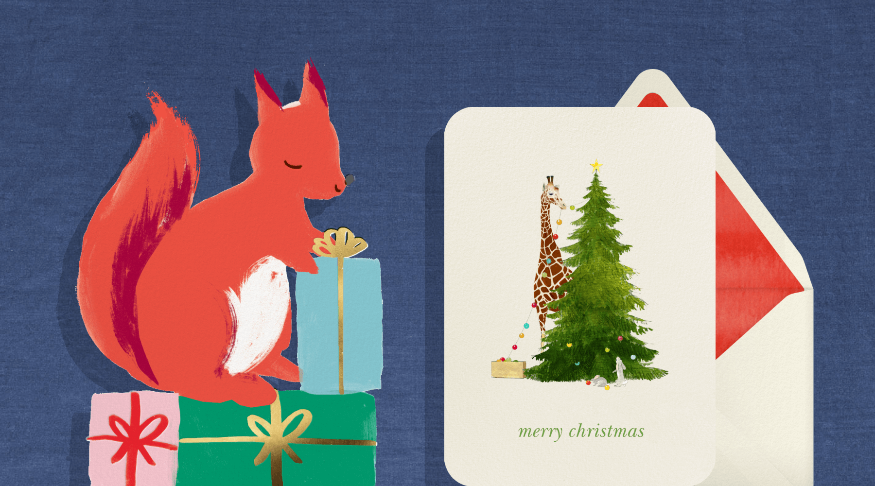 A card in the shape of a red squirrel sitting on top of presents next to a card with an illustration of a giraffe decorating a christmas tree.