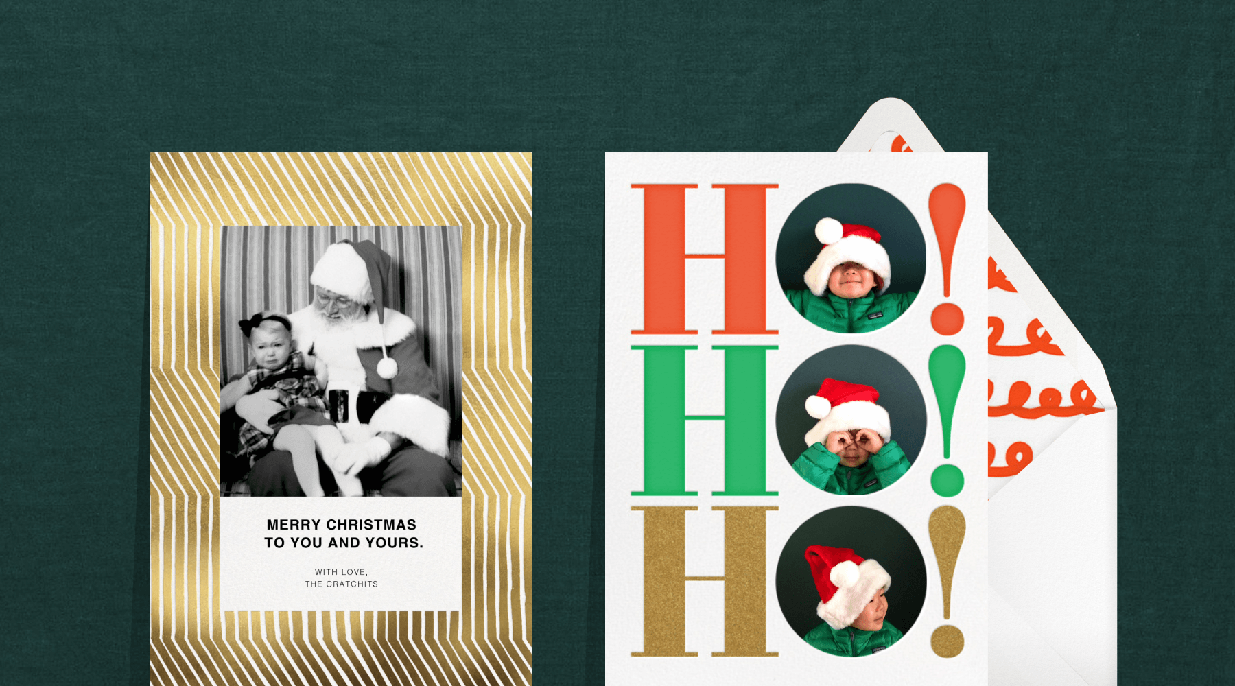 A holiday card featuring a black and white photo of a child on Santa’s lap; a holiday card featuring three photos of a child wearing a Santa hat, inside of lettering reading ‘HO HO HO!’ 