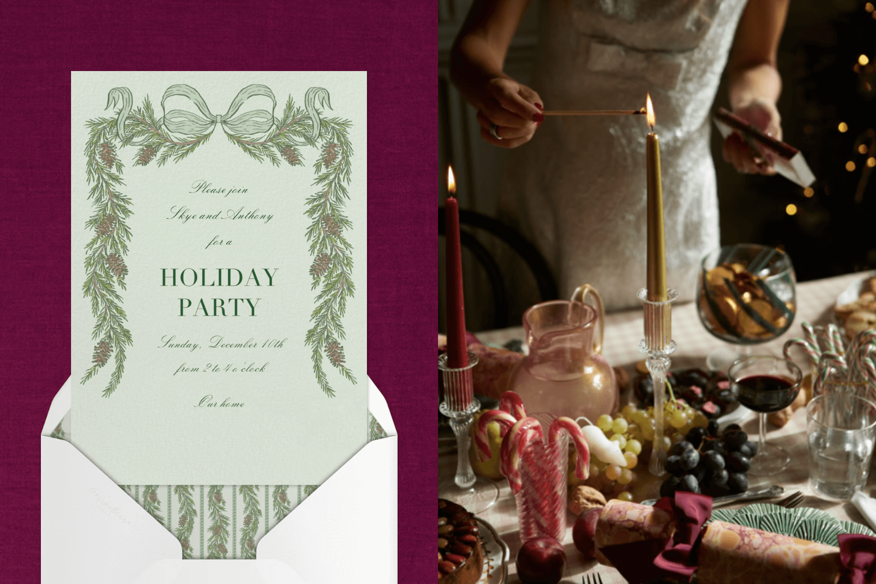 A light green holiday party invitation with a border of greenery and a ribbon; A close-up of Skye McAlpine lighting a candle on a dining table set with fruit, chocolate, and candy canes. 