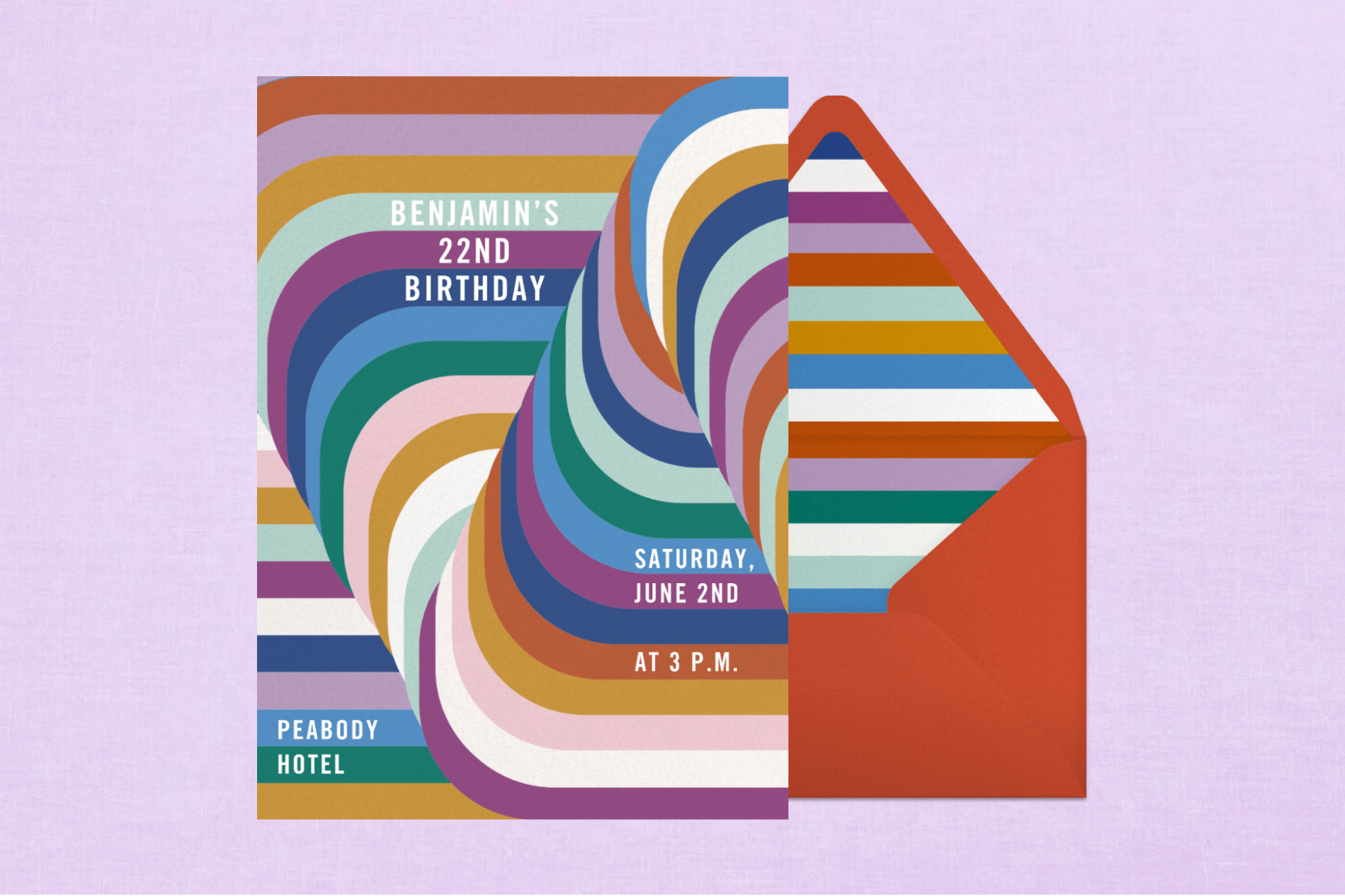 A colorful birthday invitation with geometric stripes over a purple background.