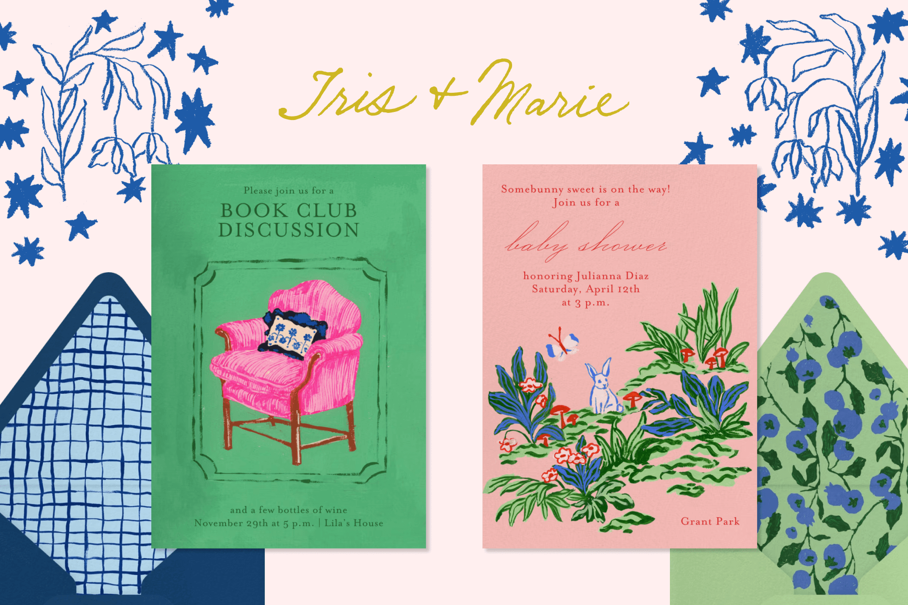 The logo for “Iris + Marie” above two invitations over a light pink background with blue drawings of flowers: A green book club invitation with a pink chair; A pink baby shower invitation with illustrations of rabbits, grass, and flowers.